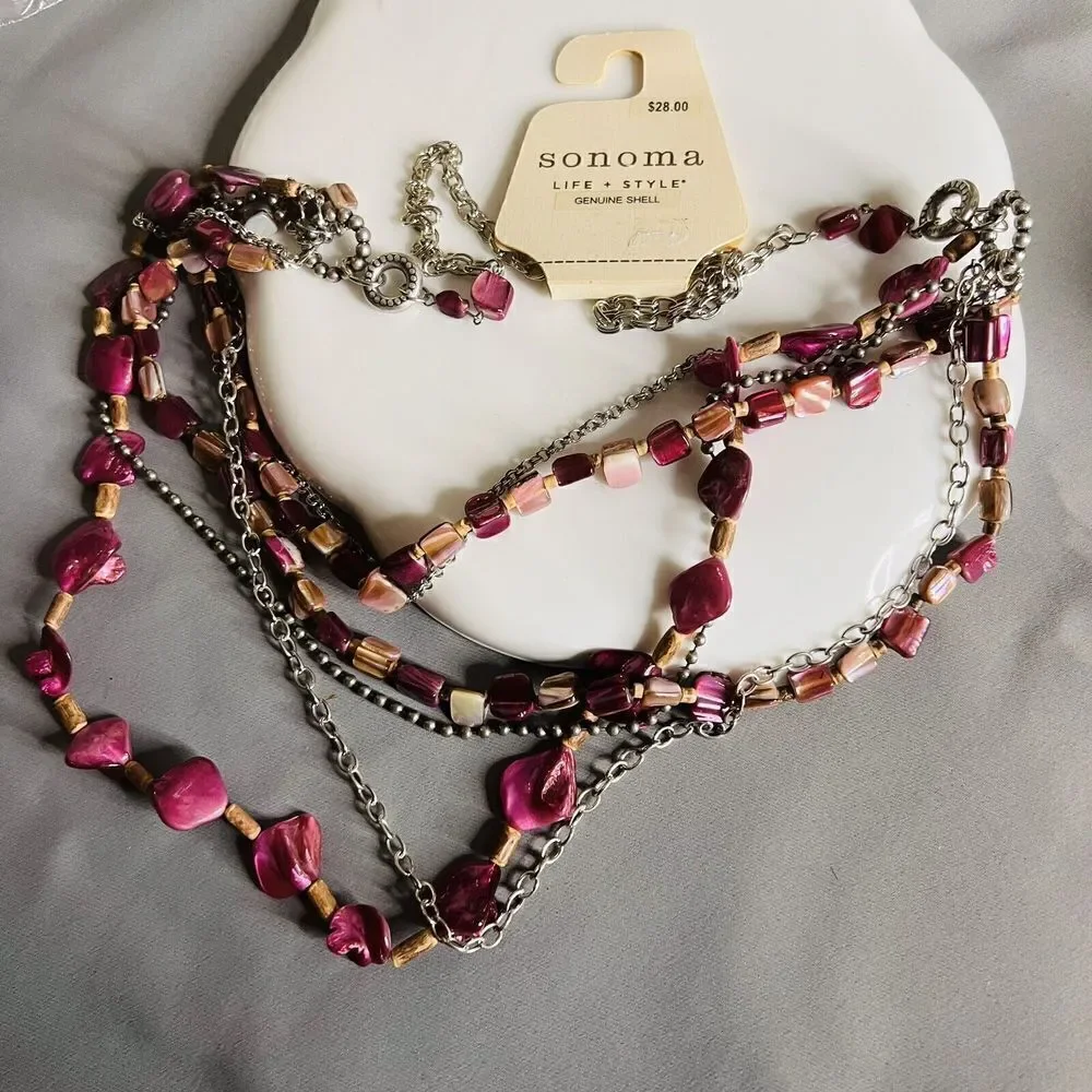 Sonoma Silver Tone Necklace Pink Shades Multi Layer Genuine Shell Stones